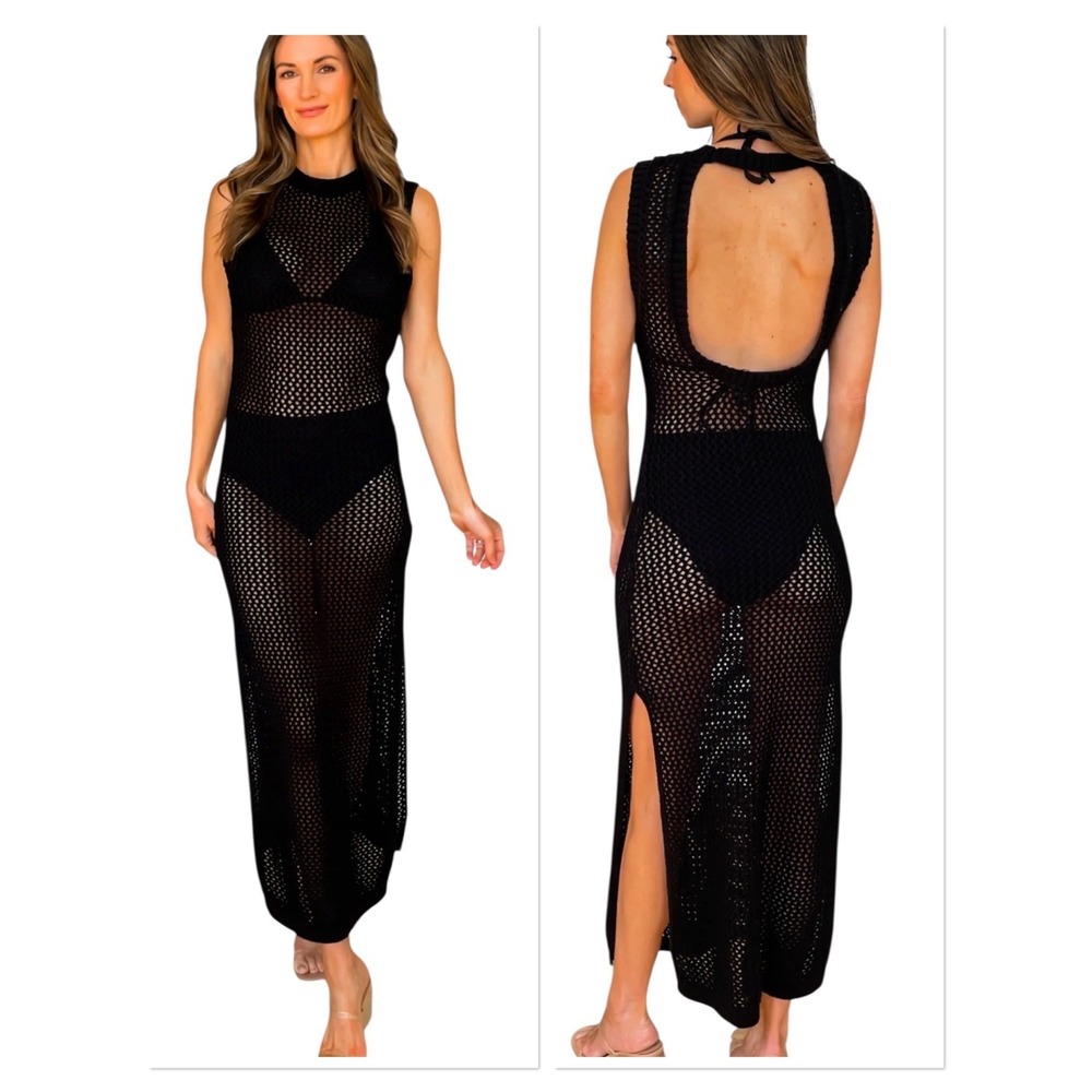 Womens Black Crochet Fish Net Knit Open Back Maxi Dress Cover Up Beach Goth M